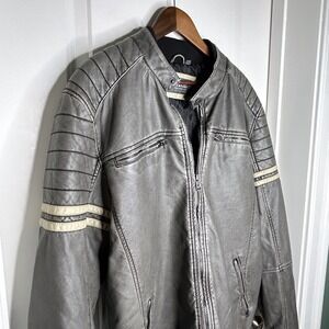 BKE Mens Athletic Fit Faux‎ Leather Motorcycle Jacket Gray Zip Pockets L